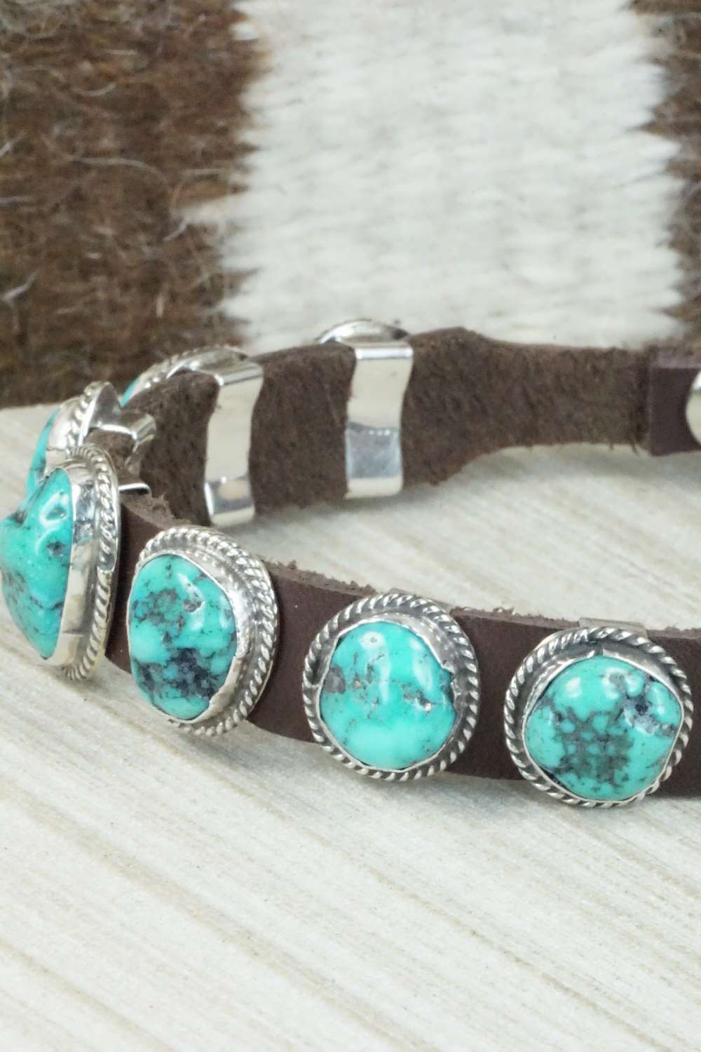 Turquoise & Sterling Silver Leather Bracelet - Bonnie Willie