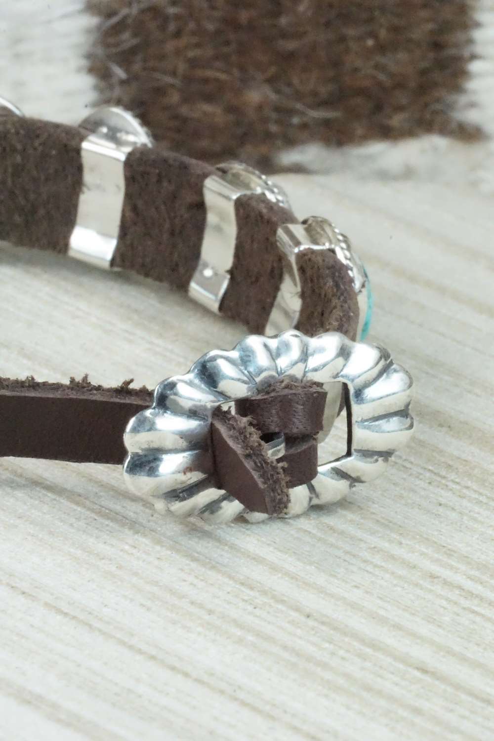 Turquoise & Sterling Silver Leather Bracelet - Bonnie Willie