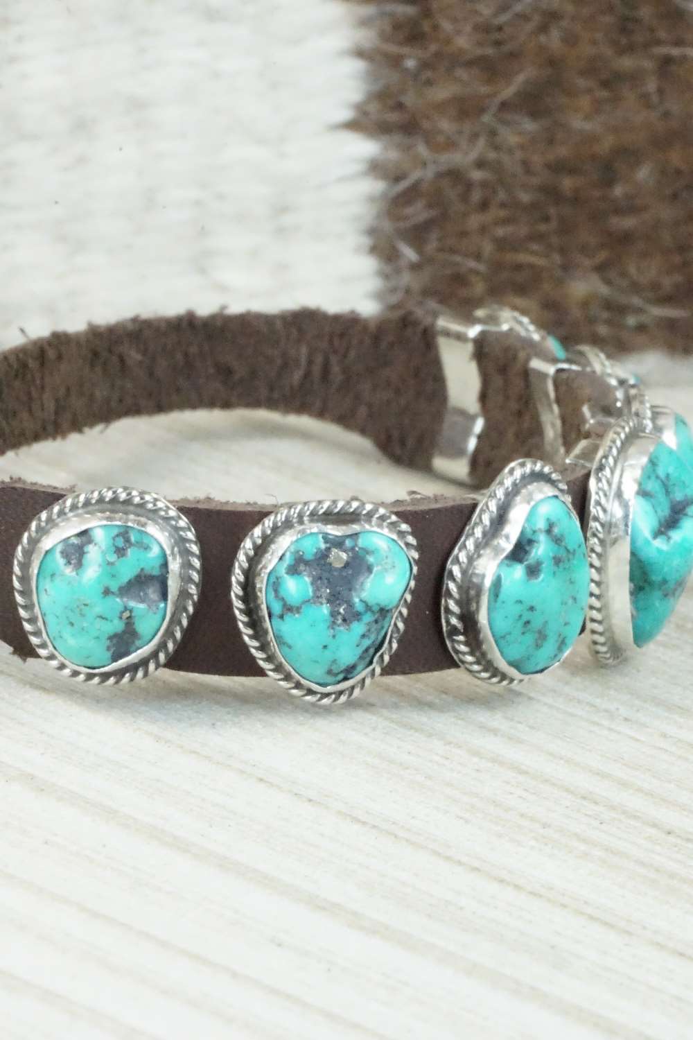 Turquoise & Sterling Silver Leather Bracelet - Bonnie Willie