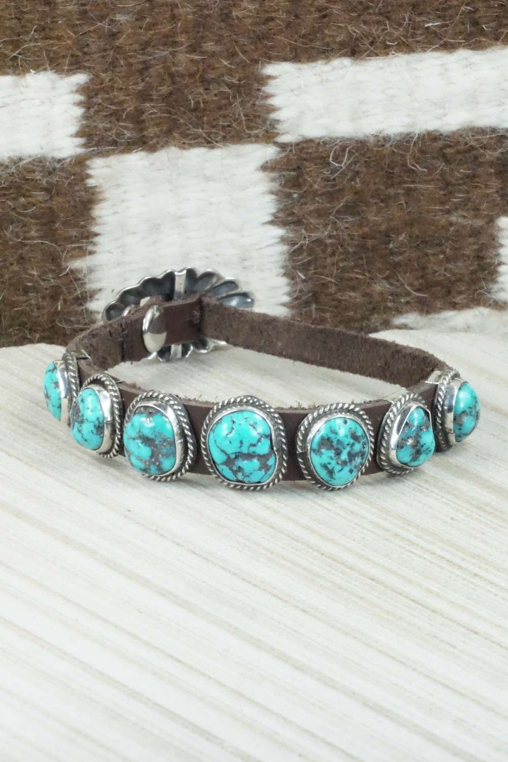 Turquoise & Sterling Silver Leather Bracelet - Bonnie Willie