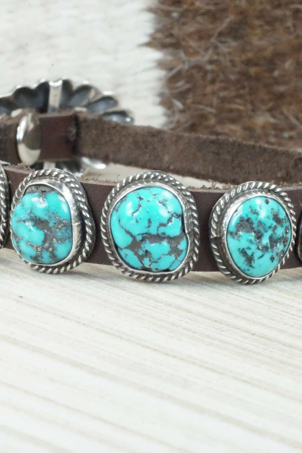 Turquoise & Sterling Silver Leather Bracelet - Bonnie Willie