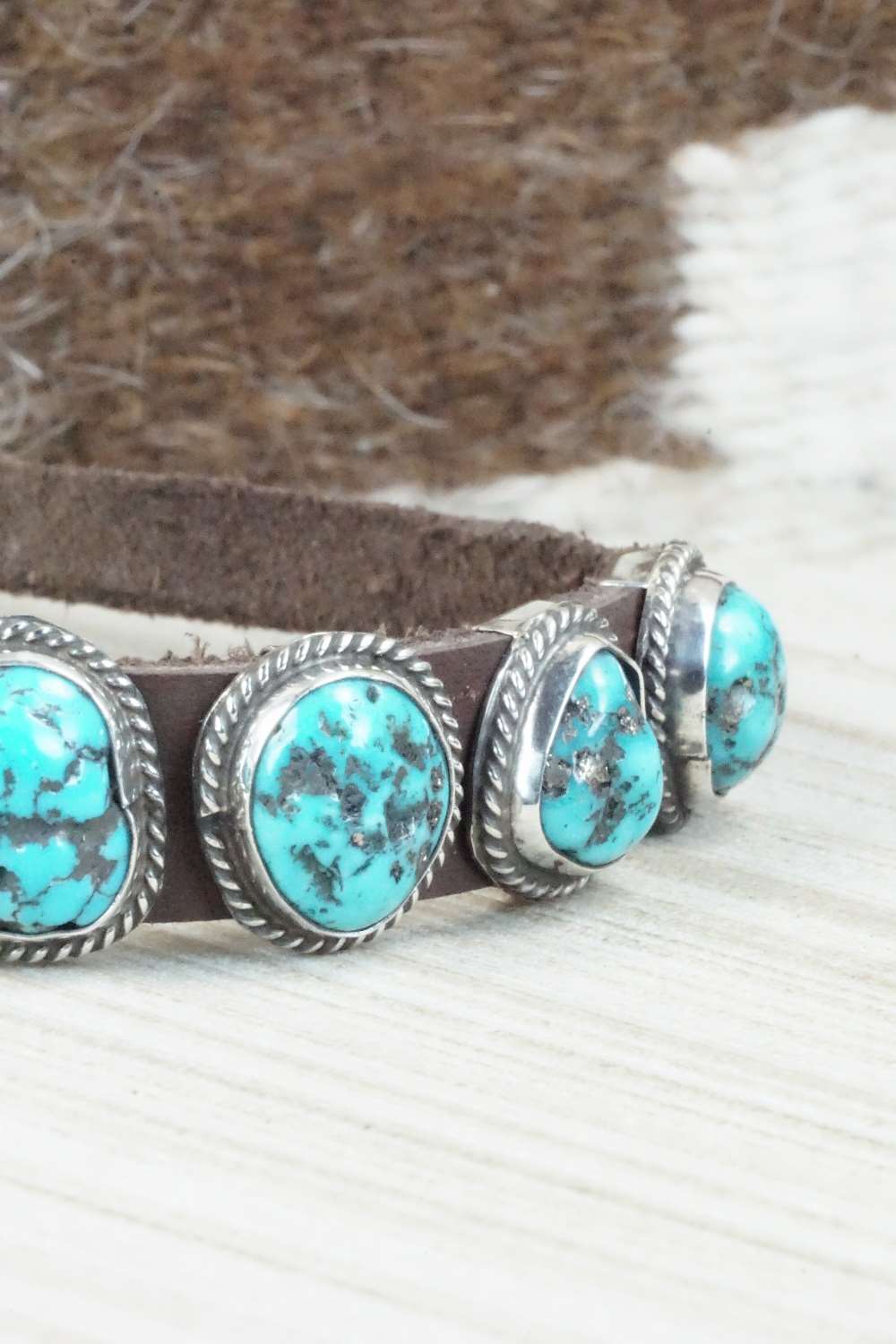 Turquoise & Sterling Silver Leather Bracelet - Bonnie Willie