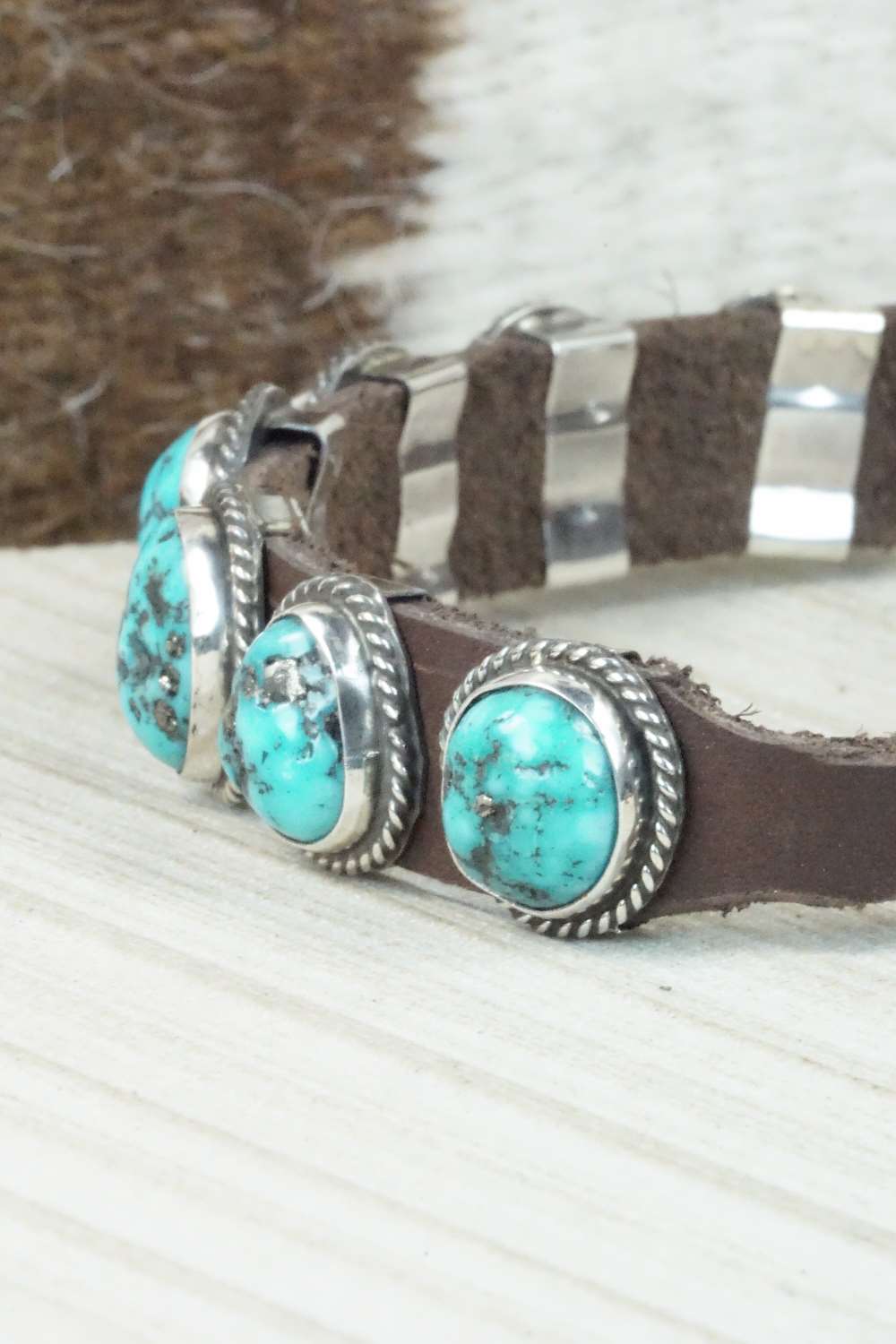 Turquoise & Sterling Silver Leather Bracelet - Bonnie Willie