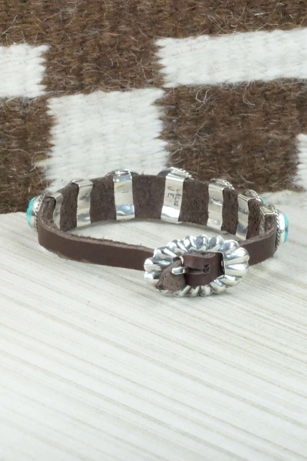 Turquoise & Sterling Silver Leather Bracelet - Bonnie Willie