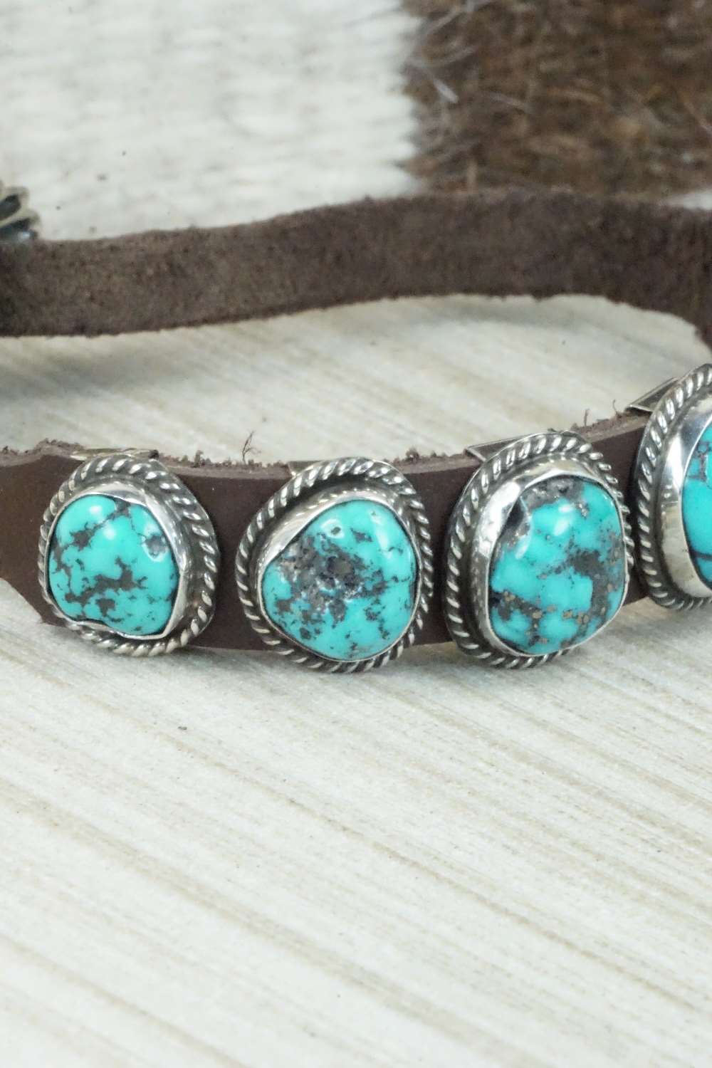 Turquoise & Sterling Silver Leather Bracelet - Bonnie Willie