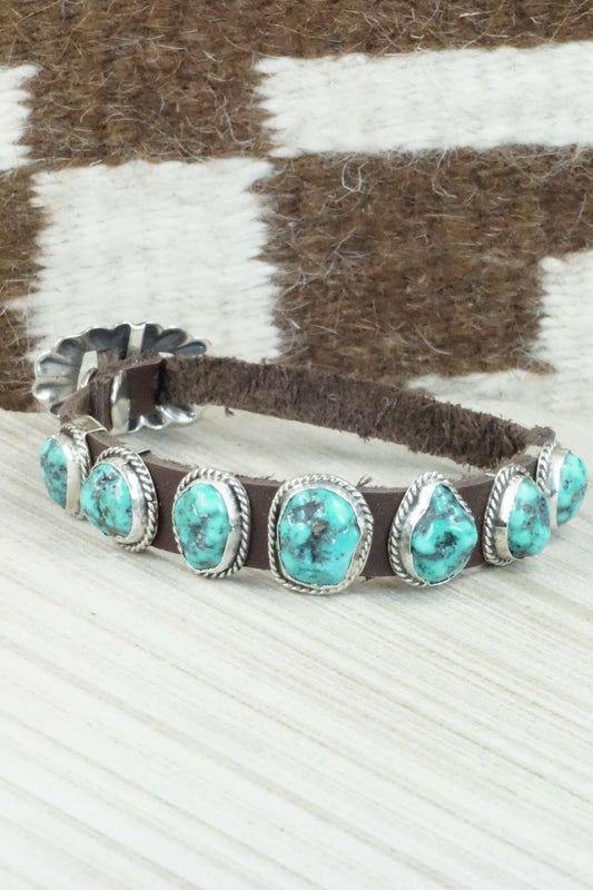 Turquoise & Sterling Silver Leather Bracelet - Bonnie Willie