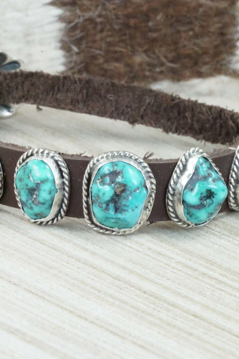 Turquoise & Sterling Silver Leather Bracelet - Bonnie Willie