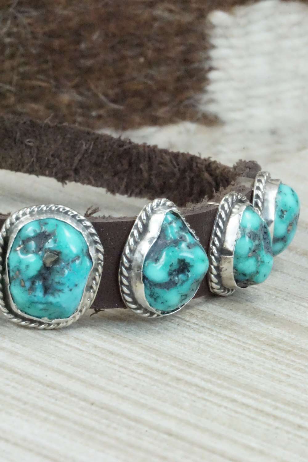 Turquoise & Sterling Silver Leather Bracelet - Bonnie Willie
