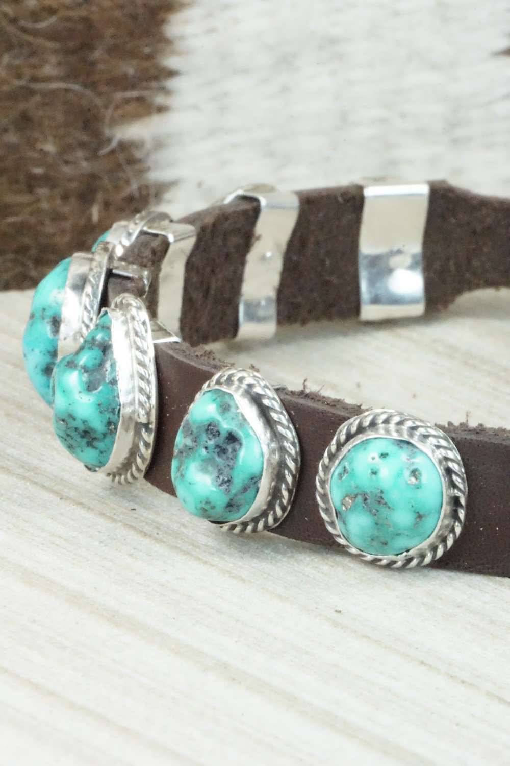 Turquoise & Sterling Silver Leather Bracelet - Bonnie Willie
