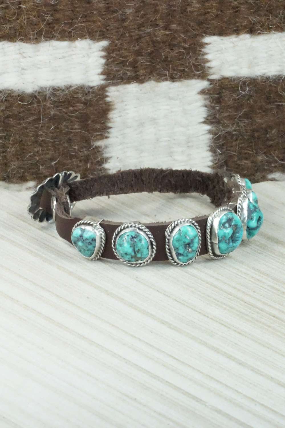 Turquoise & Sterling Silver Leather Bracelet - Bonnie Willie