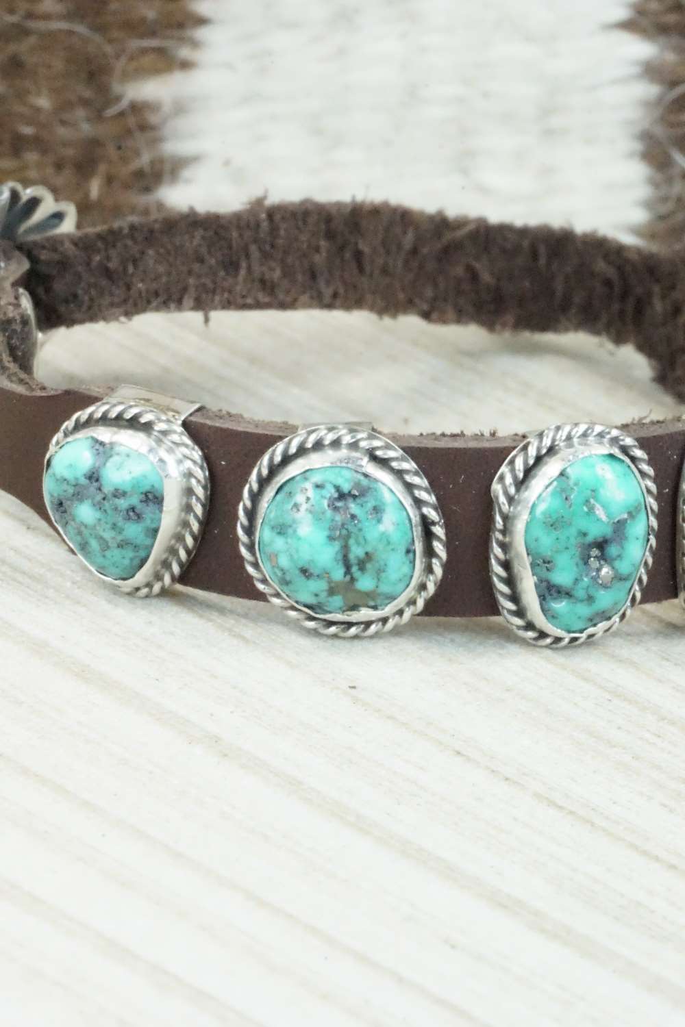 Turquoise & Sterling Silver Leather Bracelet - Bonnie Willie