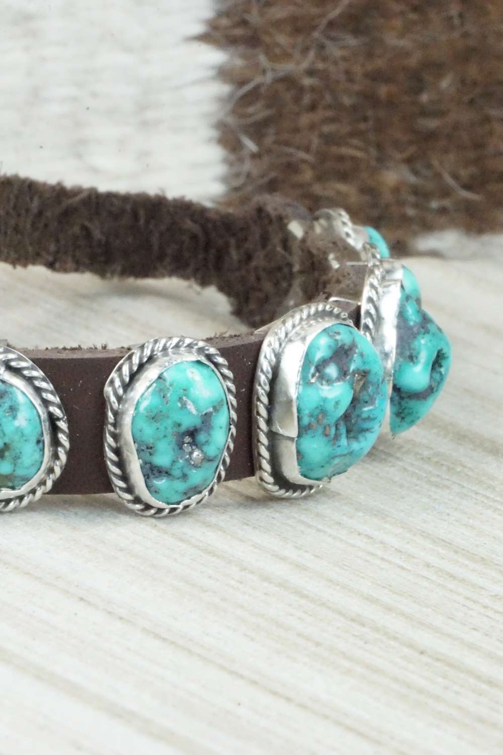 Turquoise & Sterling Silver Leather Bracelet - Bonnie Willie