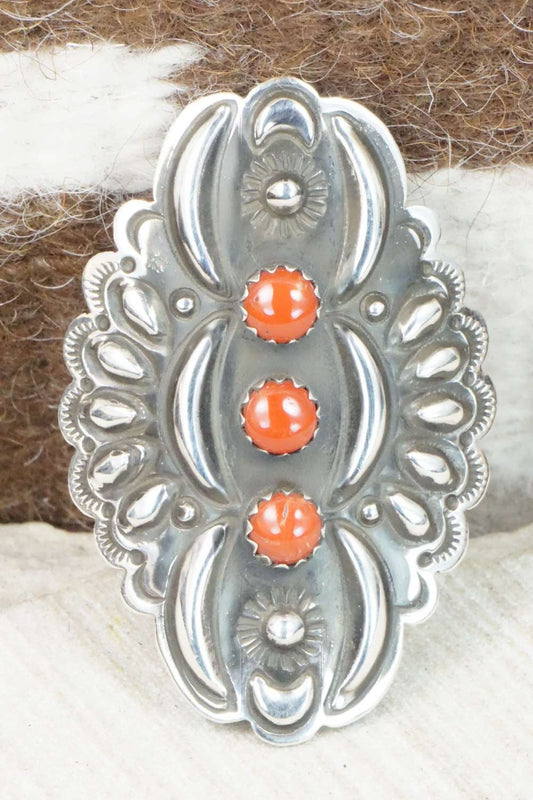 Coral & Sterling Silver Ring - Leander Tahe - Size 9
