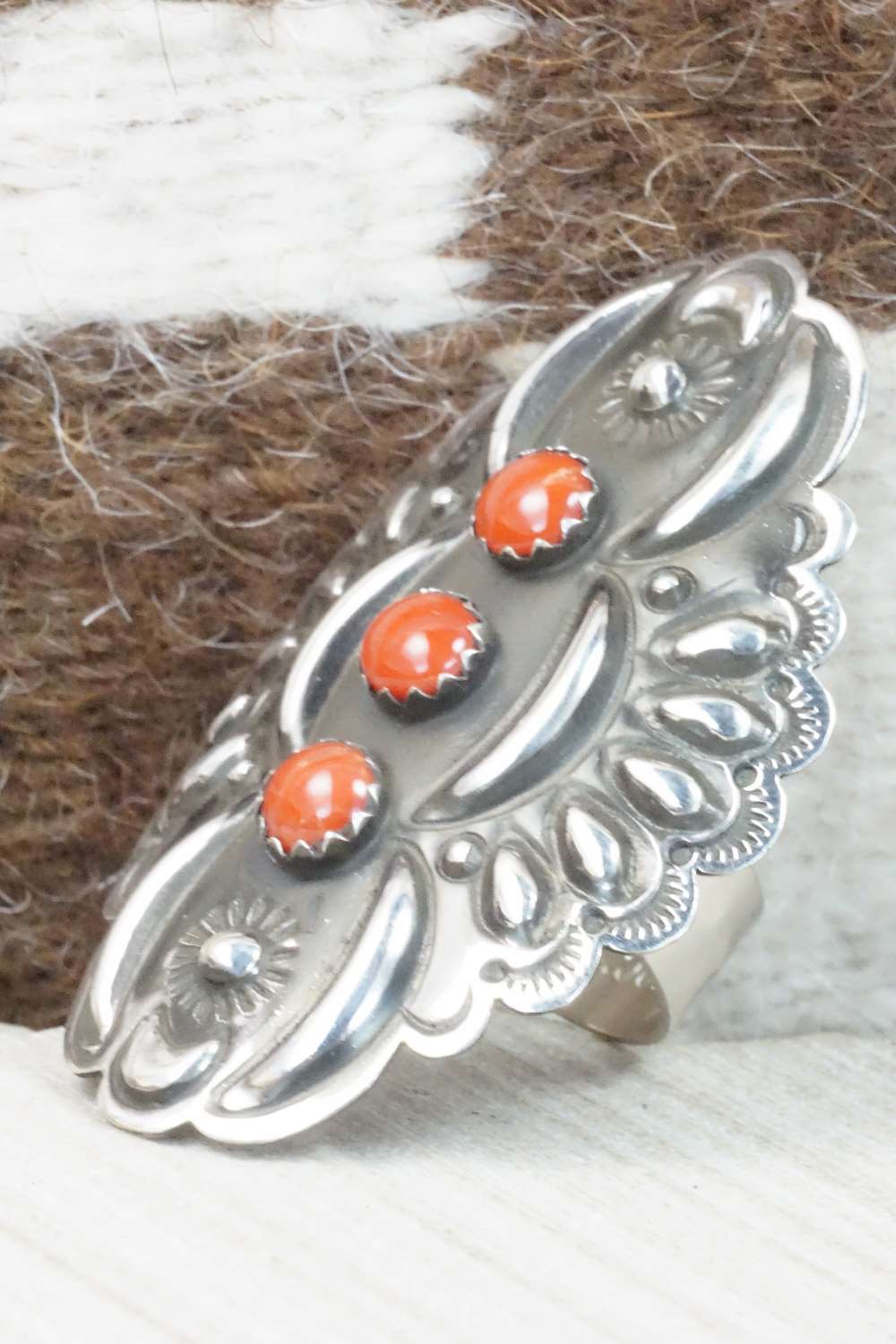 Coral & Sterling Silver Ring - Leander Tahe - Size 9