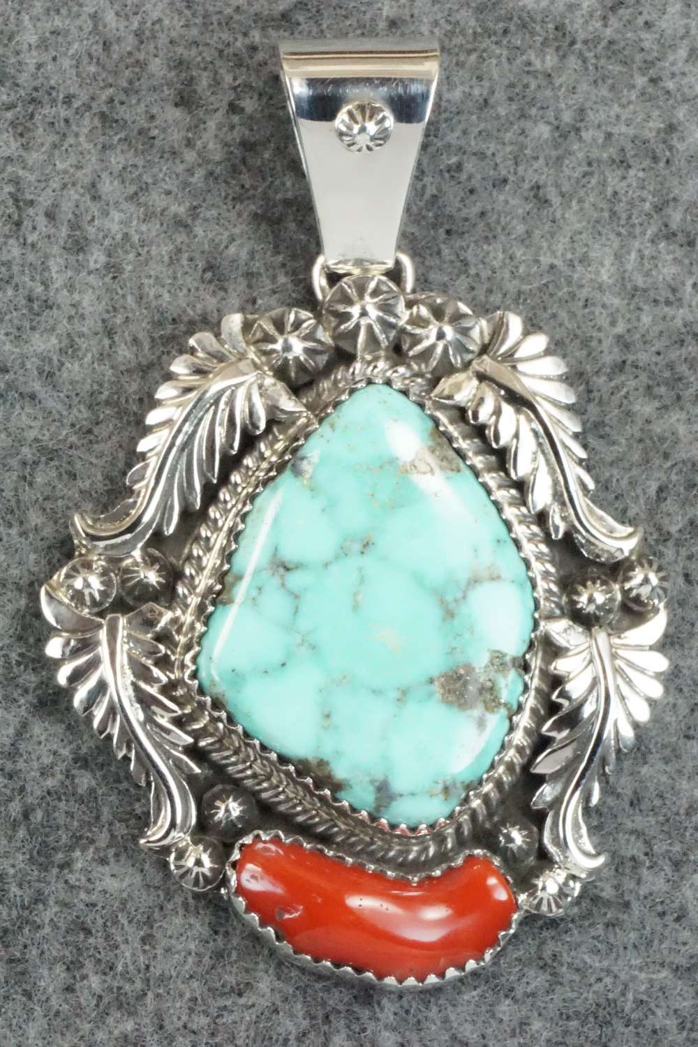 Turquoise, Coral & Sterling Silver Pendant - Tom Lewis