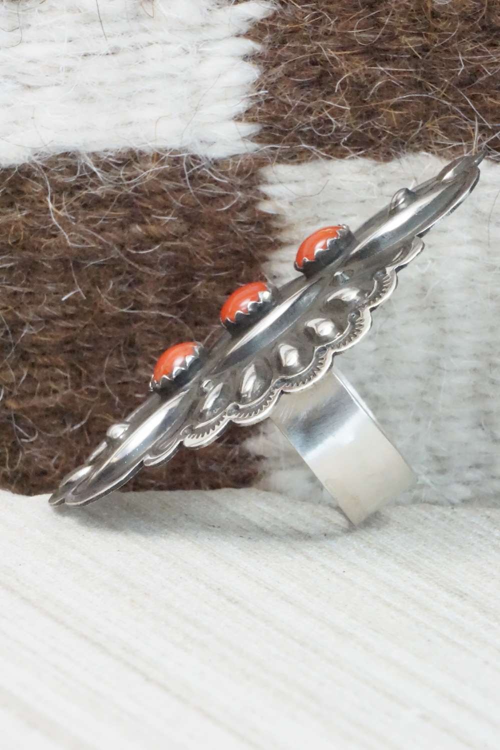 Coral & Sterling Silver Ring - Leander Tahe - Size 9