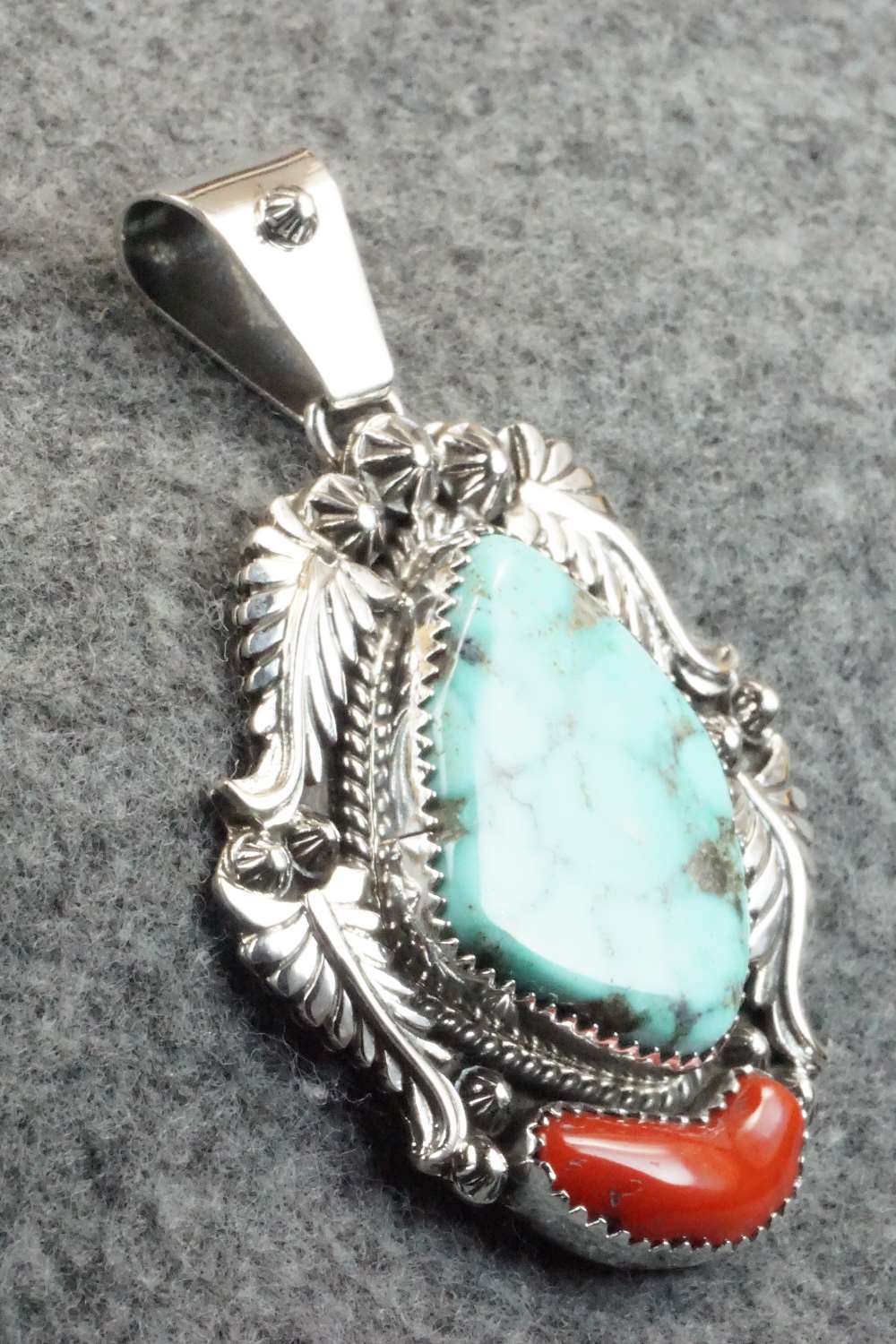 Turquoise, Coral & Sterling Silver Pendant - Tom Lewis