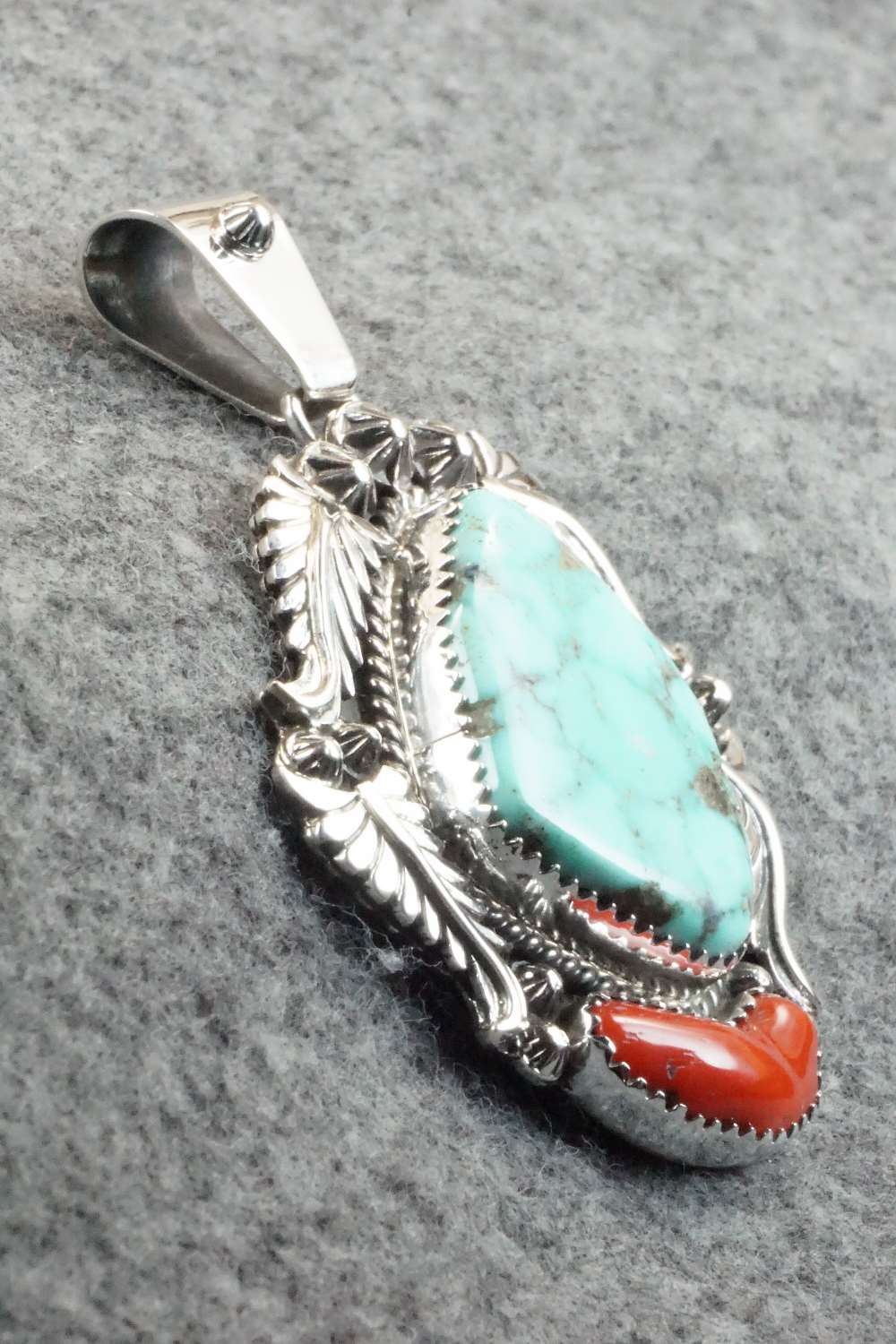 Turquoise, Coral & Sterling Silver Pendant - Tom Lewis