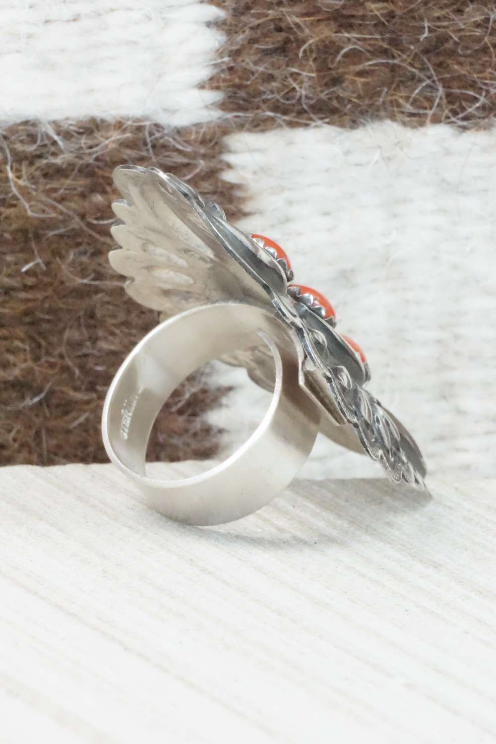 Coral & Sterling Silver Ring - Leander Tahe - Size 9