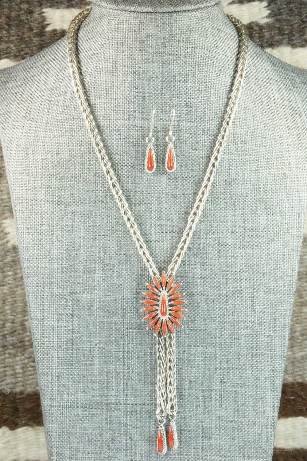 Coral & Sterling Silver Necklace and Earrings Set - Smokey Gchachu