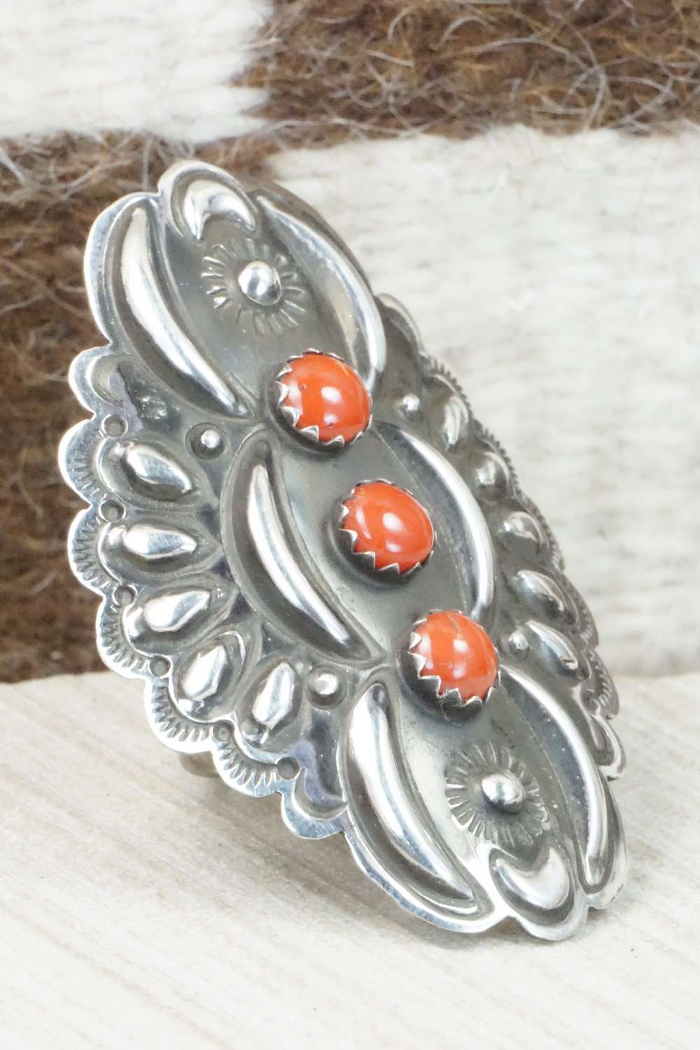 Coral & Sterling Silver Ring - Leander Tahe - Size 9