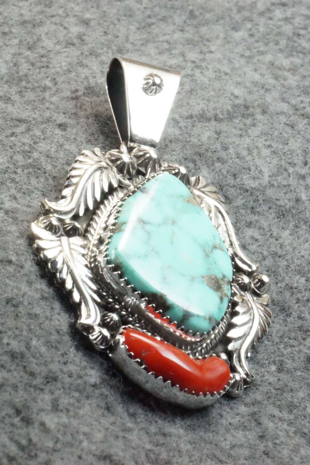 Turquoise, Coral & Sterling Silver Pendant - Tom Lewis