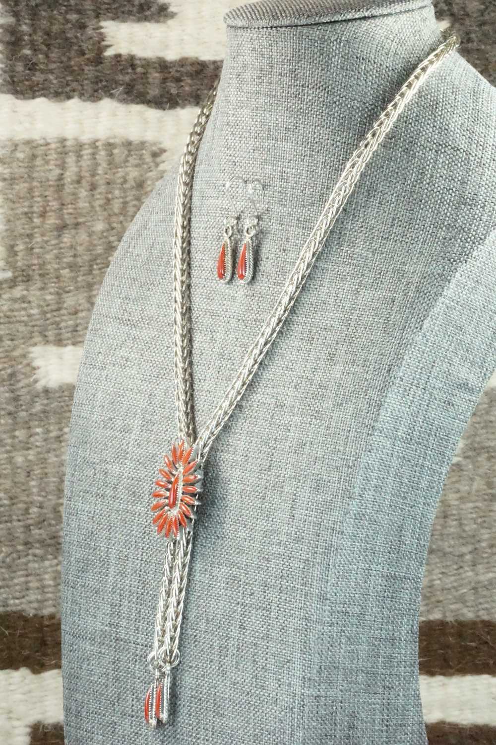 Coral & Sterling Silver Necklace and Earrings Set - Smokey Gchachu