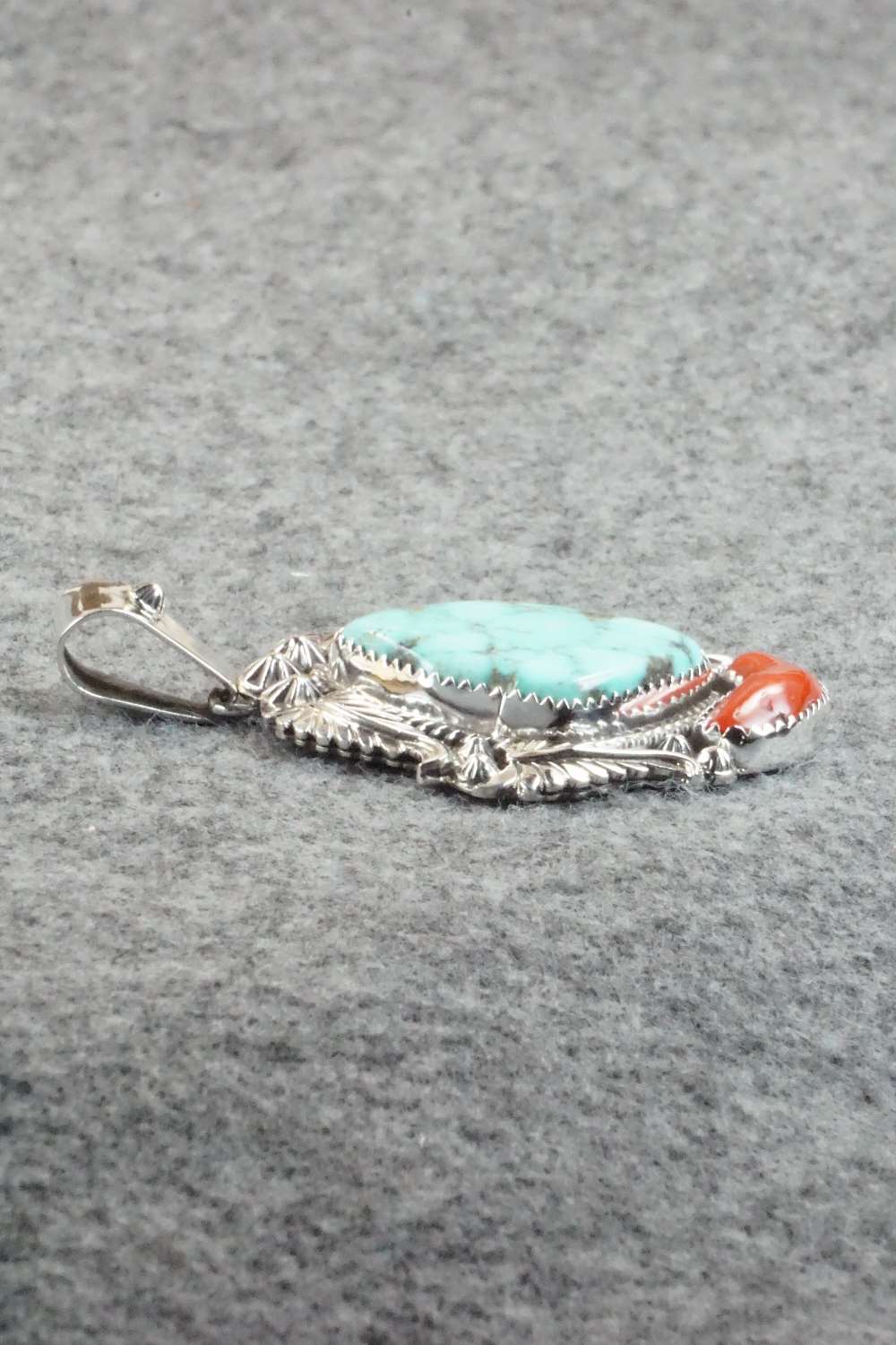 Turquoise, Coral & Sterling Silver Pendant - Tom Lewis