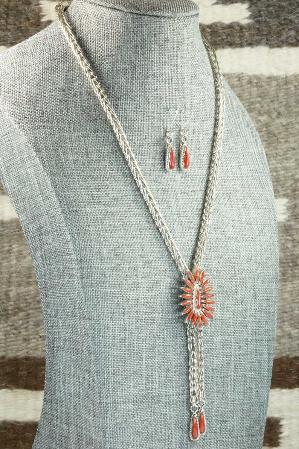 Coral & Sterling Silver Necklace and Earrings Set - Smokey Gchachu
