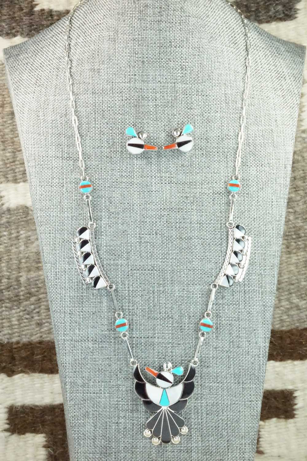 Multi Stone & Sterling Silver Inlay Necklace and Earrings Set - Leavus Ahiyite