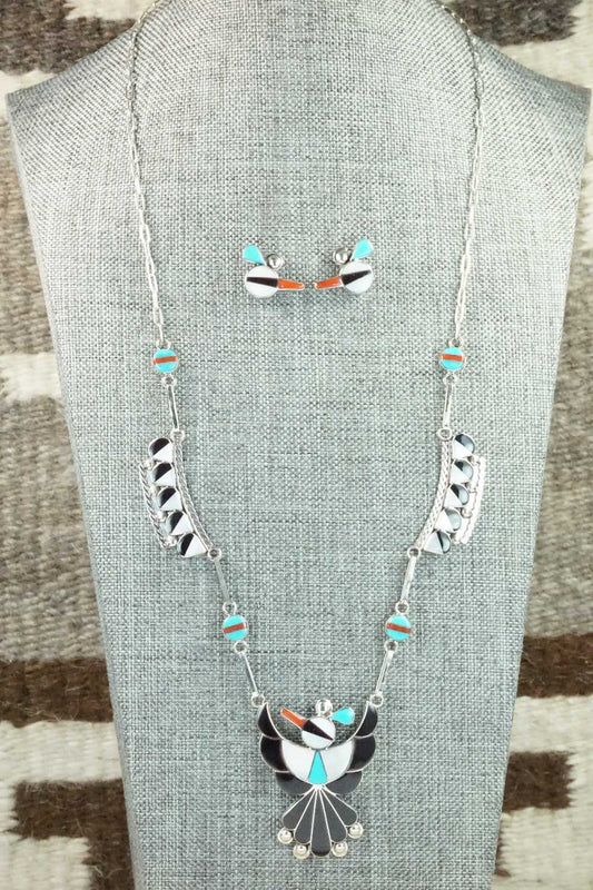 Multi Stone & Sterling Silver Inlay Necklace and Earrings Set - Leavus Ahiyite