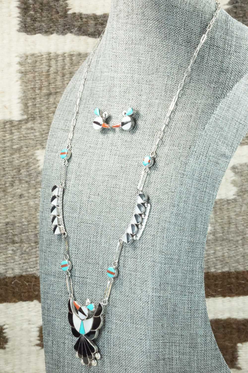Multi Stone & Sterling Silver Inlay Necklace and Earrings Set - Leavus Ahiyite