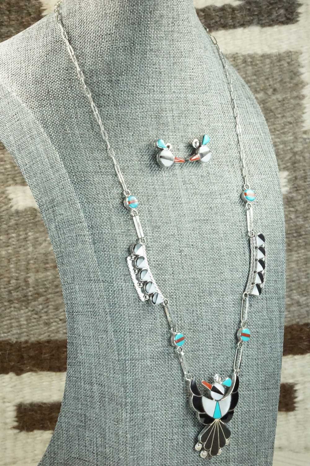 Multi Stone & Sterling Silver Inlay Necklace and Earrings Set - Leavus Ahiyite