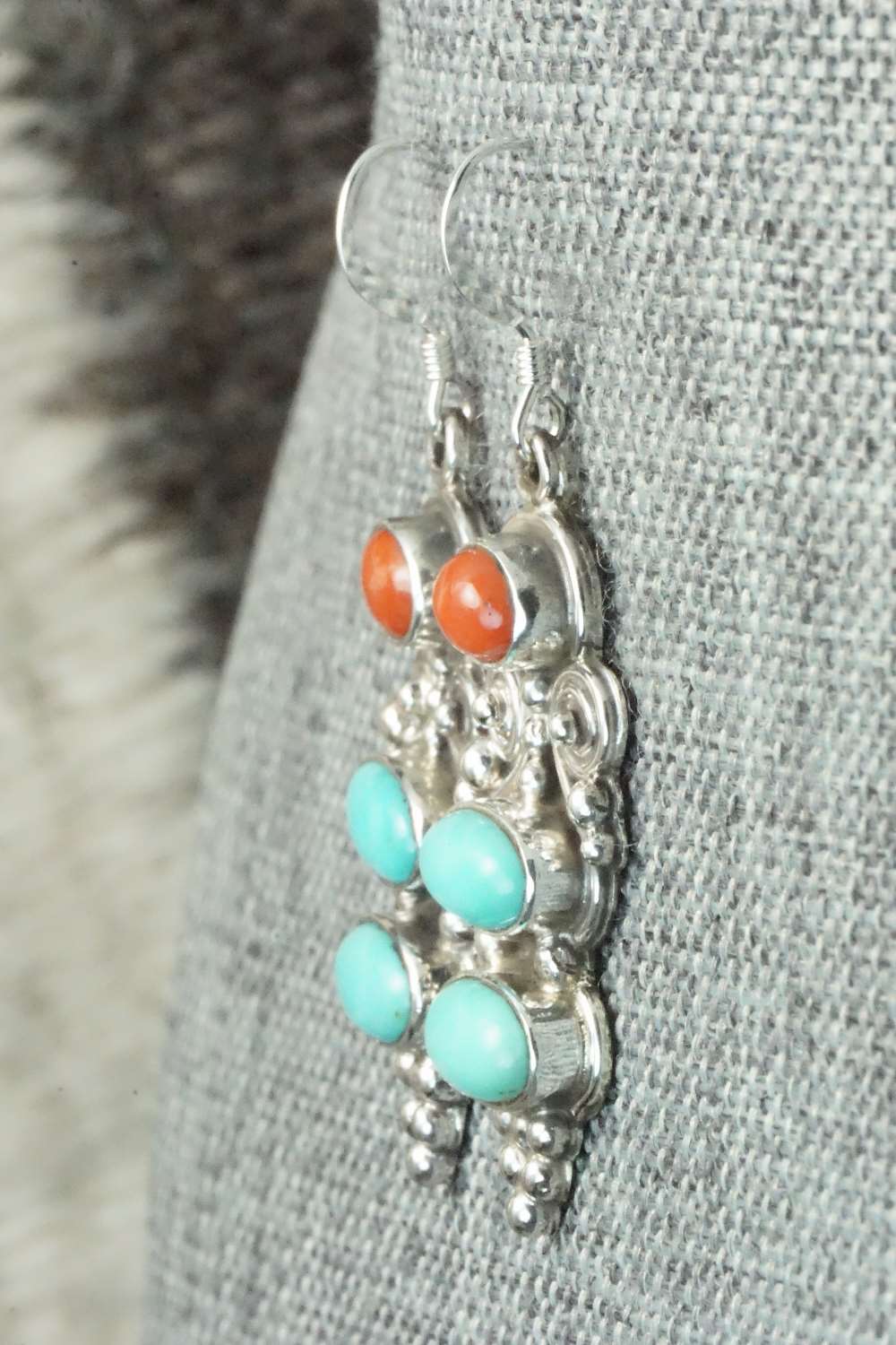 Turquoise, Coral & Sterling Silver Earrings - Annie Spencer