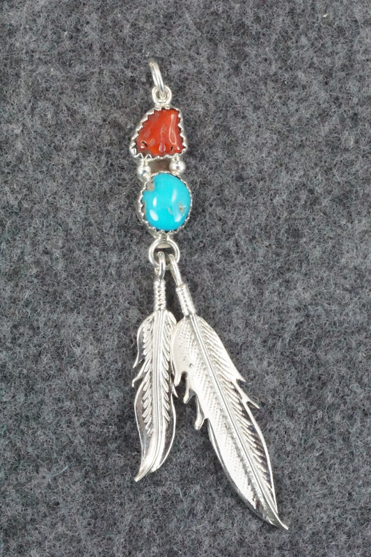 Turquoise, Coral and Sterling Silver Pendant - Annie Spencer