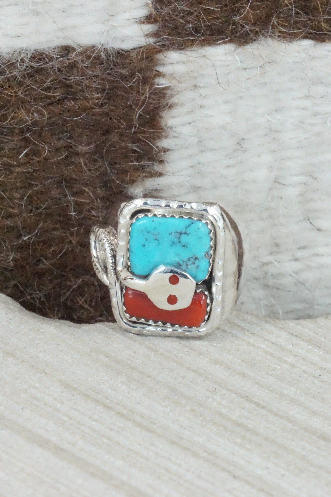 Turquoise, Coral & Sterling Silver Ring - Joy Calavaza - Size 10