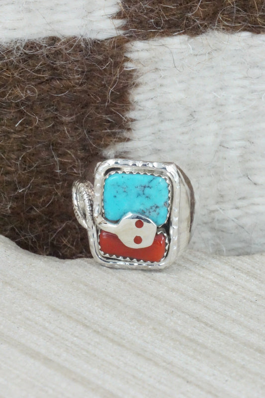 Turquoise, Coral & Sterling Silver Ring - Joy Calavaza - Size 10