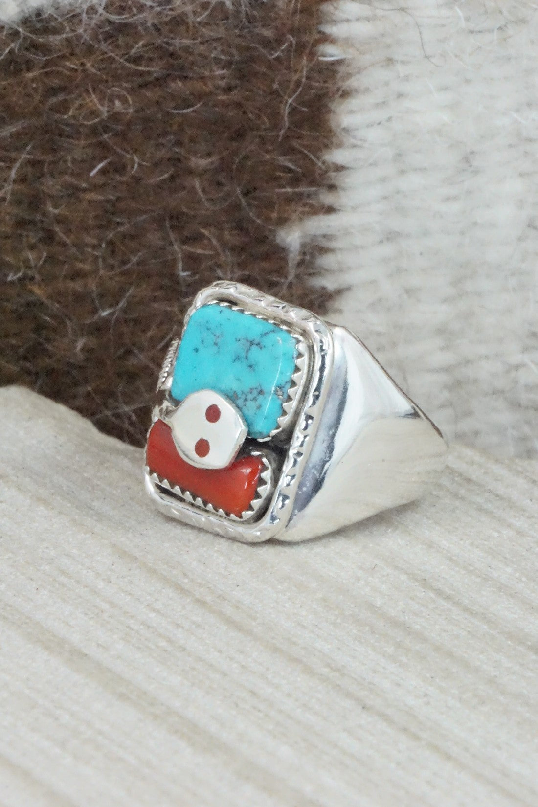 Turquoise, Coral & Sterling Silver Ring - Joy Calavaza - Size 10