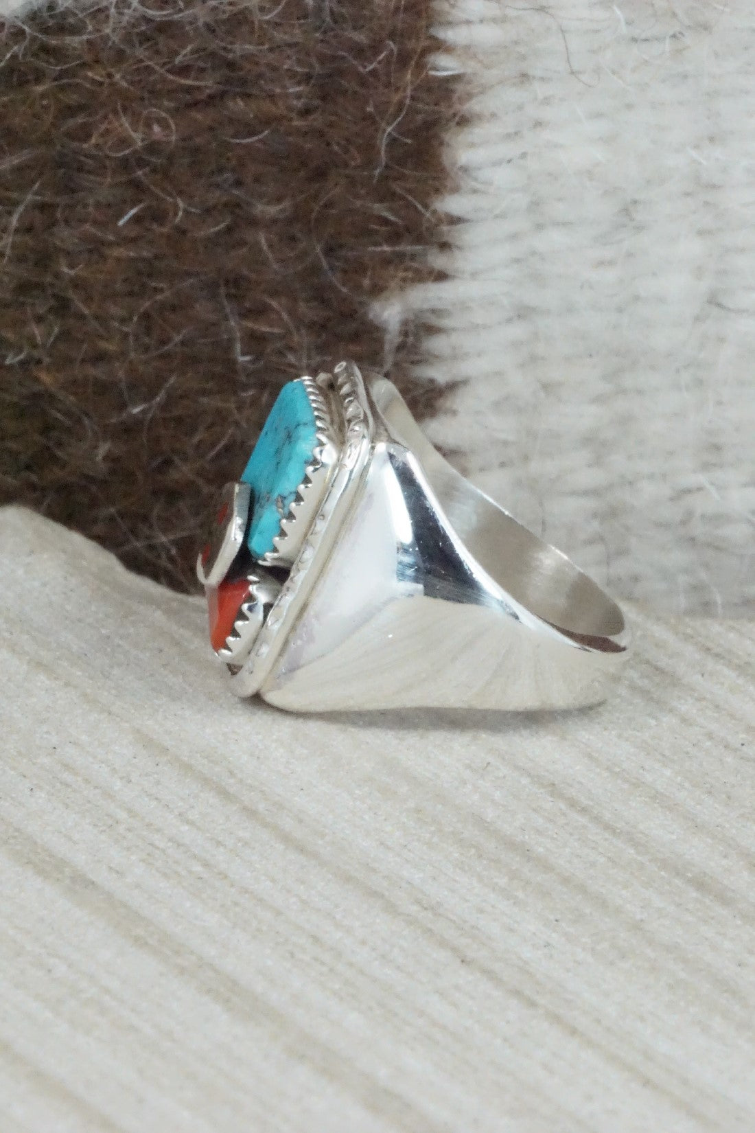 Turquoise, Coral & Sterling Silver Ring - Joy Calavaza - Size 10