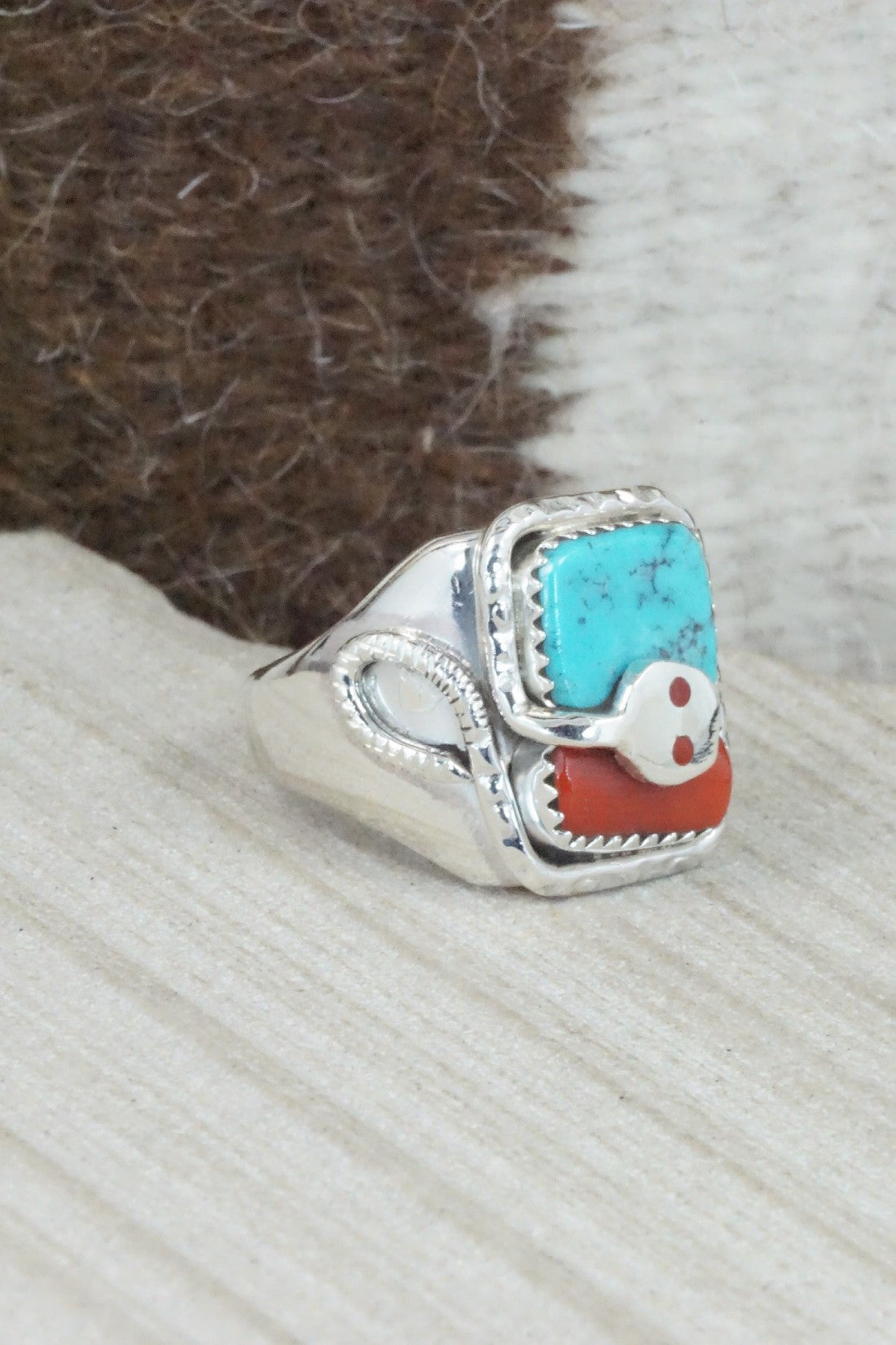 Turquoise, Coral & Sterling Silver Ring - Joy Calavaza - Size 10