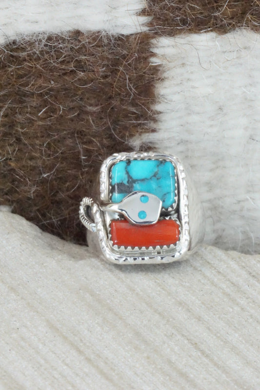 Turquoise, Coral & Sterling Silver Ring - Joy Calavaza - Size 9