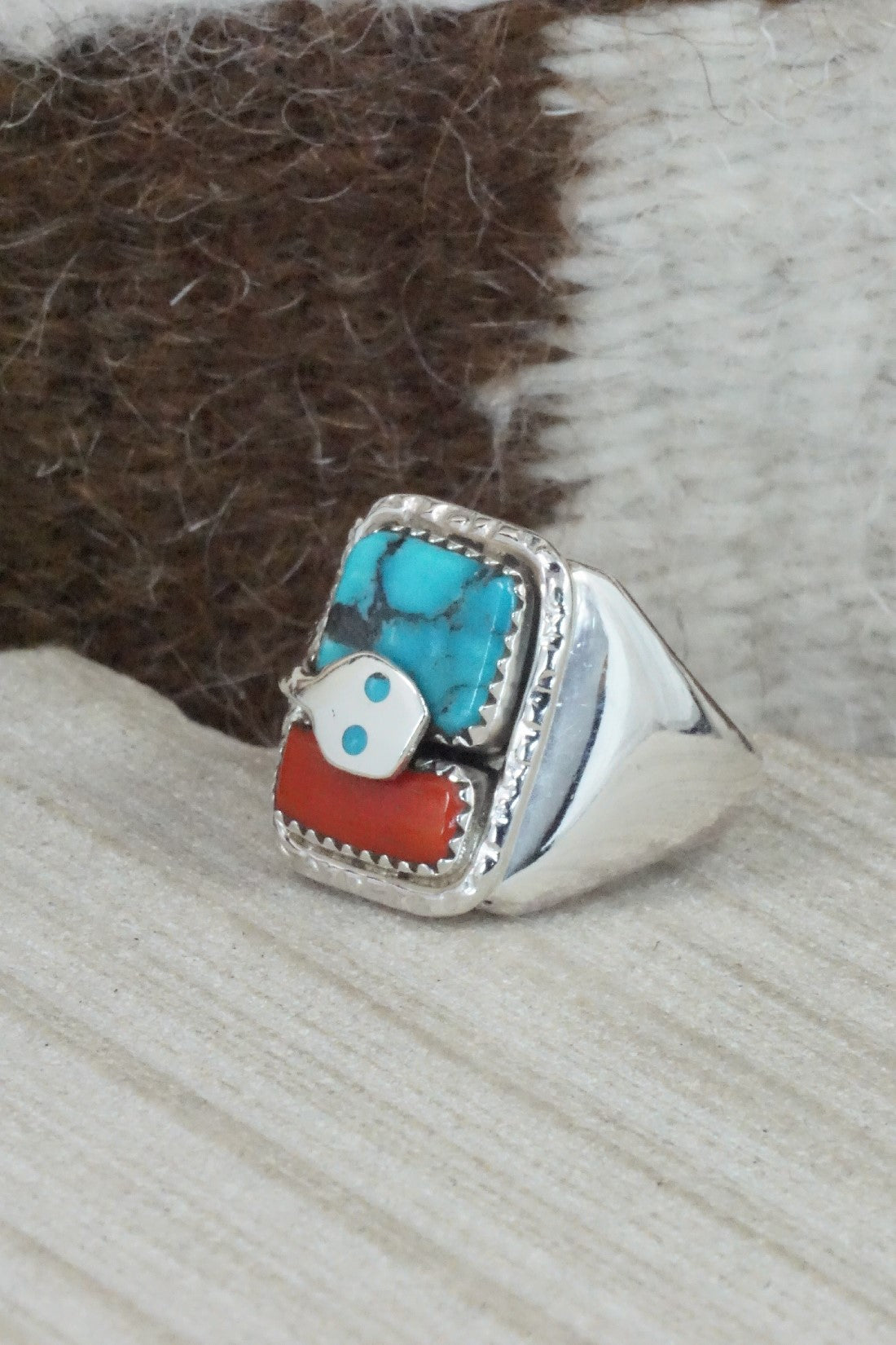 Turquoise, Coral & Sterling Silver Ring - Joy Calavaza - Size 9