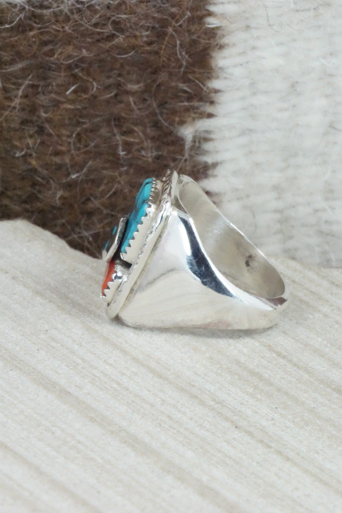 Turquoise, Coral & Sterling Silver Ring - Joy Calavaza - Size 9