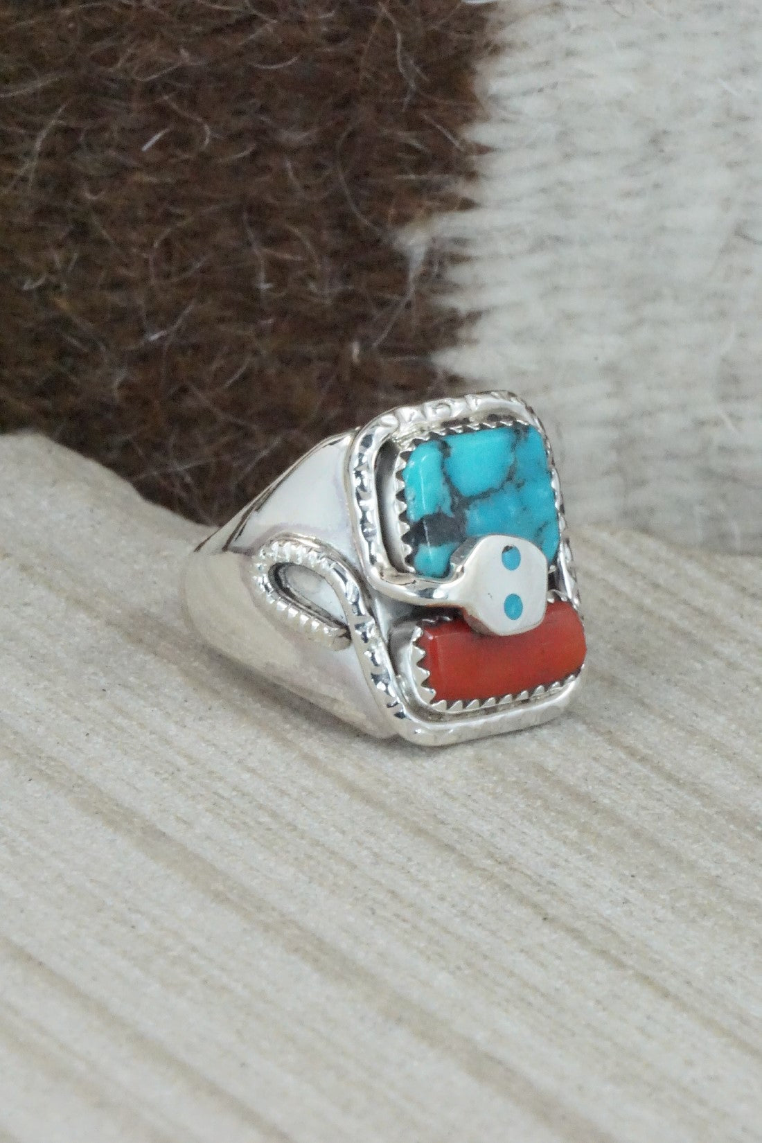 Turquoise, Coral & Sterling Silver Ring - Joy Calavaza - Size 9