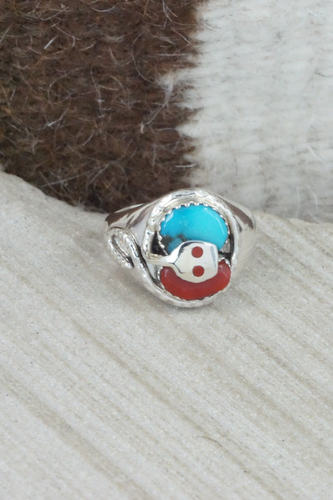 Turquoise, Coral & Sterling Silver Ring - Joy Calavaza - Size 7