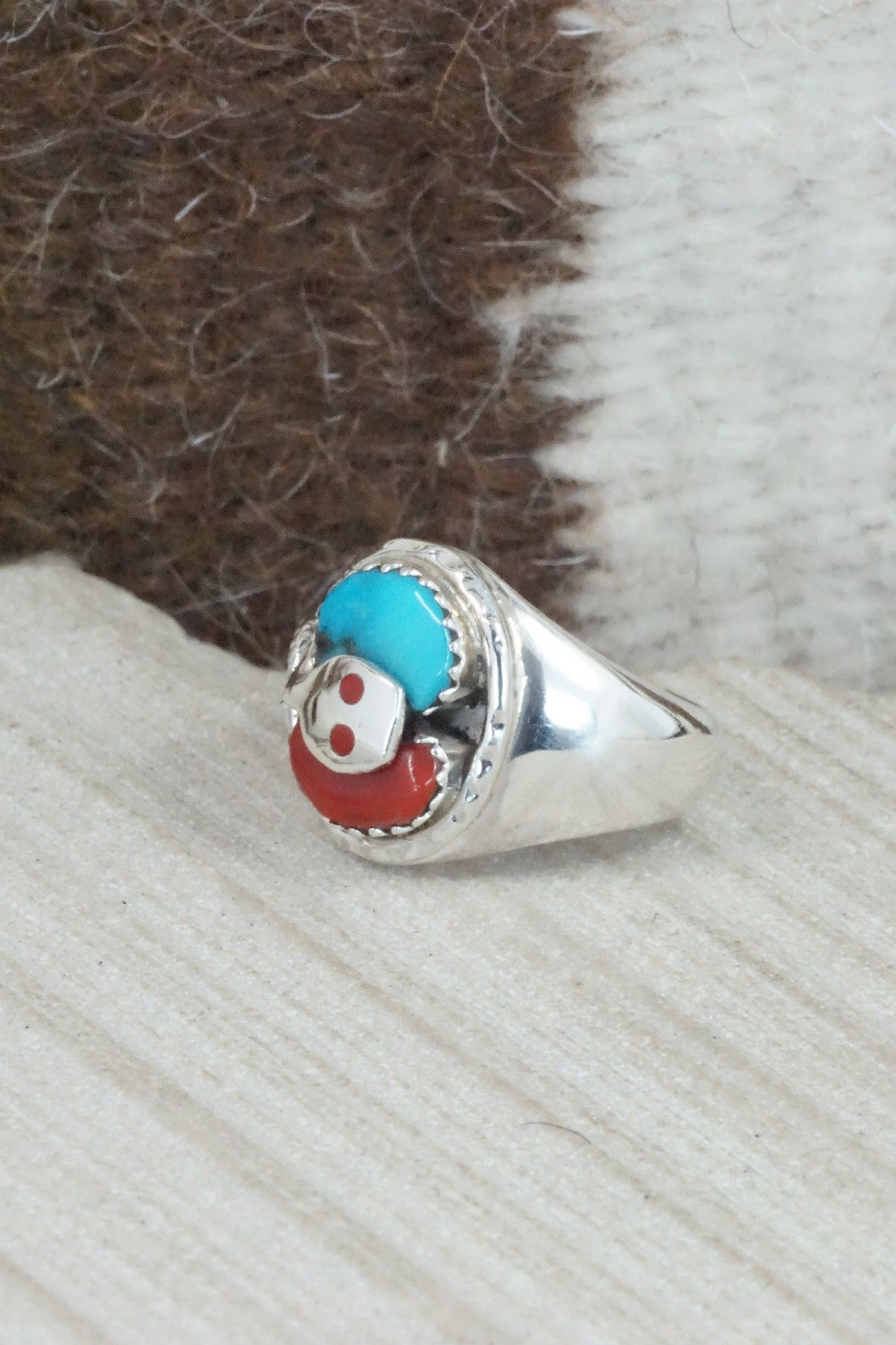 Turquoise, Coral & Sterling Silver Ring - Joy Calavaza - Size 7