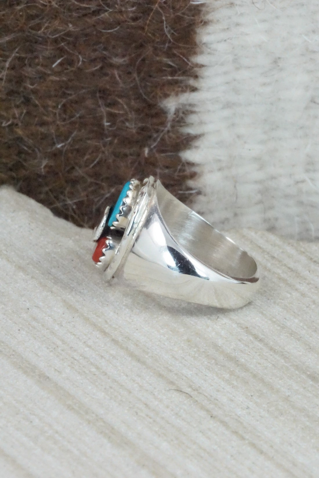 Turquoise, Coral & Sterling Silver Ring - Joy Calavaza - Size 7