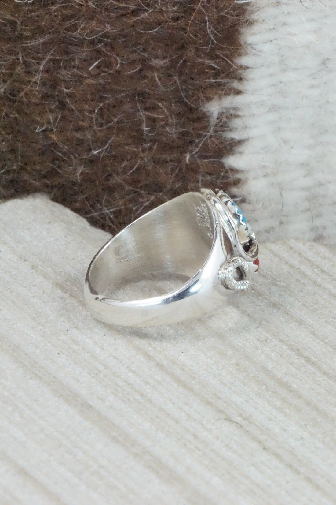Turquoise, Coral & Sterling Silver Ring - Joy Calavaza - Size 7