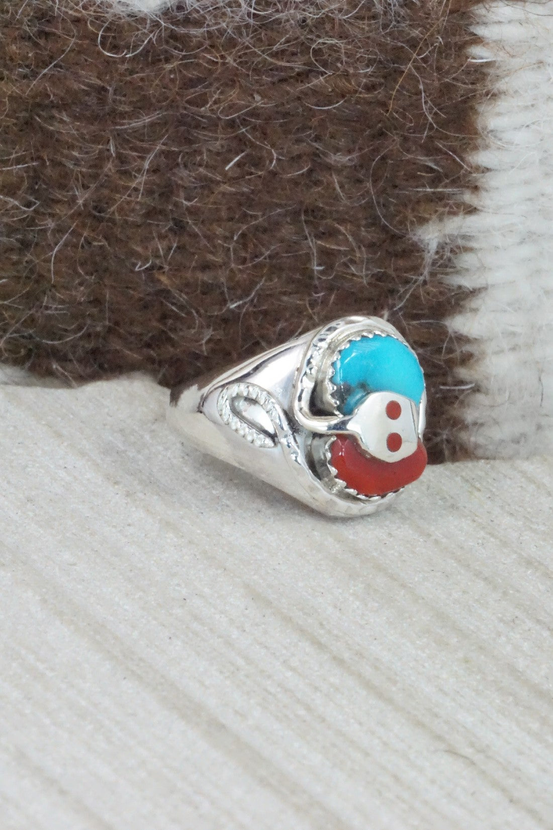 Turquoise, Coral & Sterling Silver Ring - Joy Calavaza - Size 7