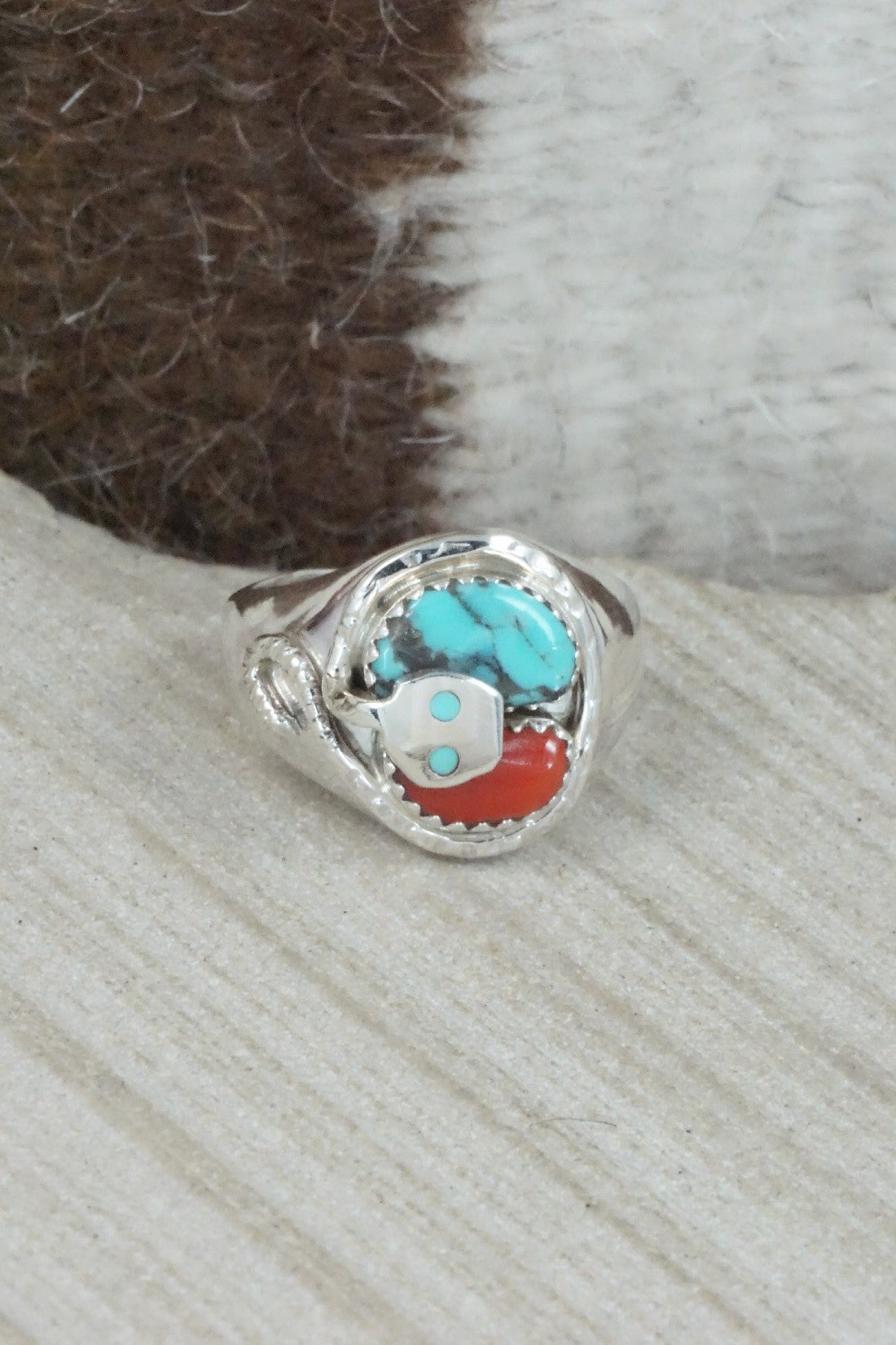 Turquoise, Coral & Sterling Silver Ring - Joy Calavaza - Size 8